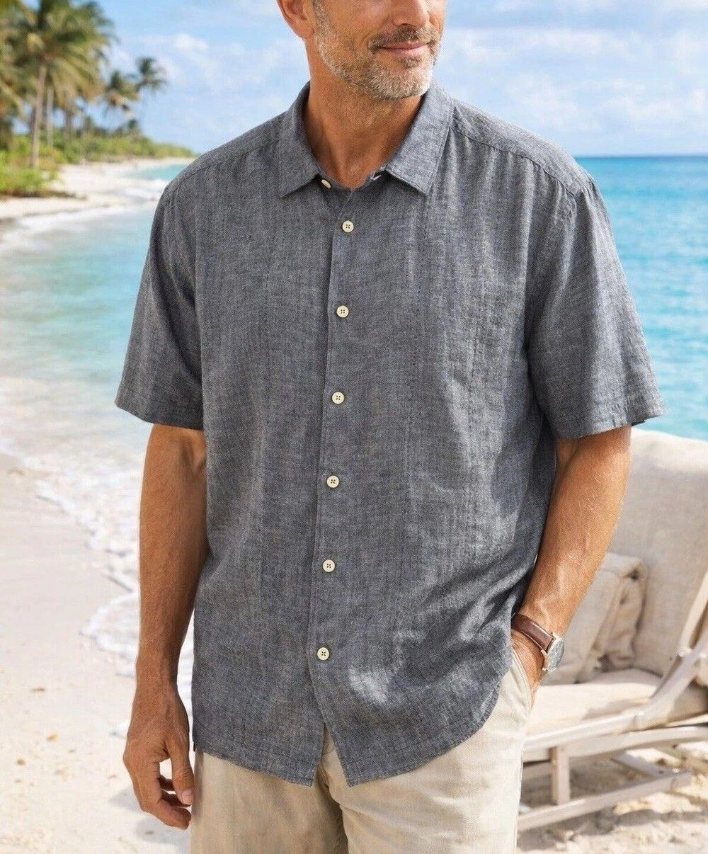 Tommy Bahama Relax Fit 100% Linen Men's Gray Short Sleeve Button Up Shirt XL